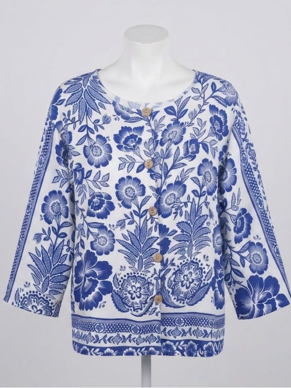 Rose & Thyme Blue White Floral Botanical Cardigan Blouse Top Size Small
